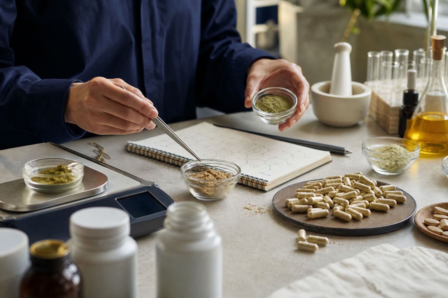 Supplement formulation work with botanical powders, capsules, and precision tools
